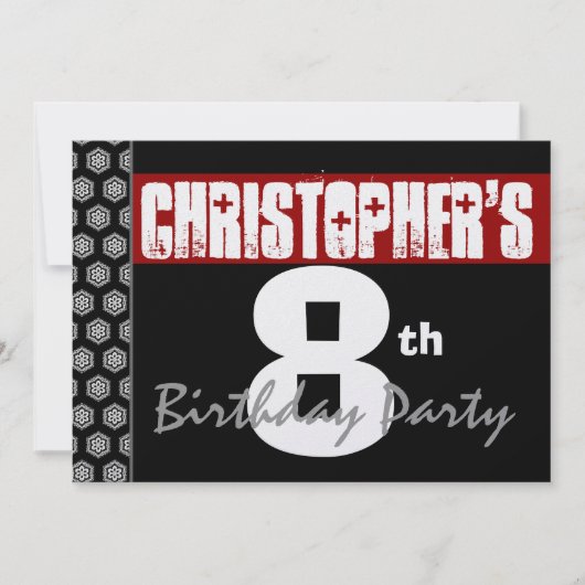 Invitation 8e anniversaire Moderne pour lui Rouge Blanc Noir (Devant)