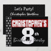 Invitation 8e anniversaire Moderne pour lui Rouge Blanc Noir (Devant / Derrière)