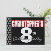 Invitation 8e anniversaire Moderne pour lui Rouge Blanc Noir (Debout devant)