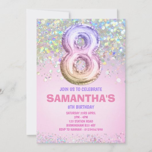 Invitation 8e anniversaire, Parties scintillant arc-en-ciel A (Devant)