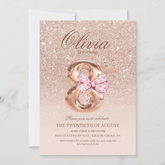Invitation 8e anniversaire Rose rose or bow fête d'anniversai (Devant)