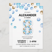 Invitation 8e fête d'anniversaire, Blue and Gold Balloon Boy (Devant / Derrière)