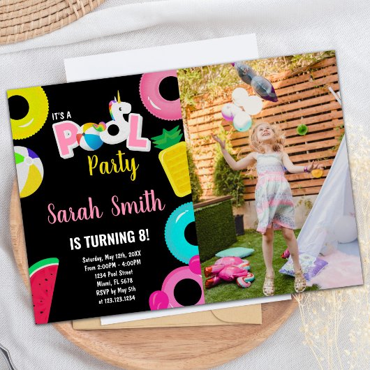 Invitation 8e pastèque Unicorn Piscine photo Anniversaire