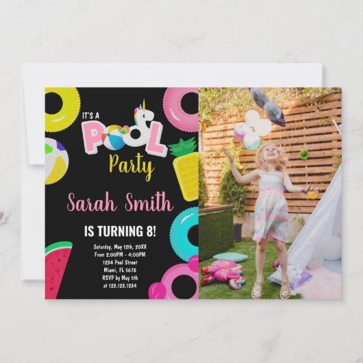 Invitation 8e pastèque Unicorn Piscine photo Anniversaire (Devant)