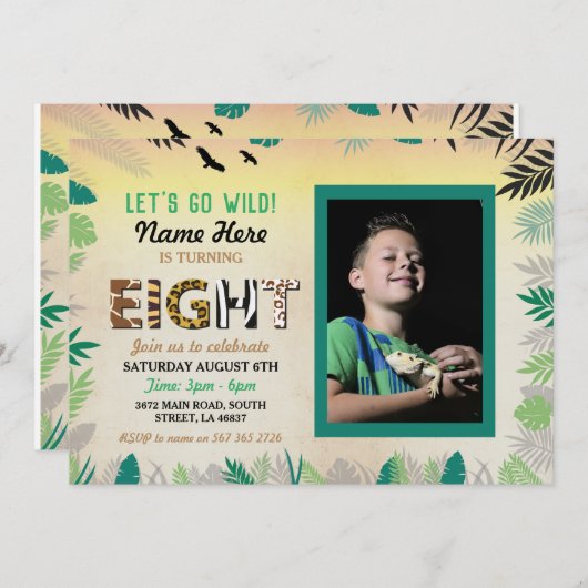 Invitation 8ème Wild Huit Anniversaire Partie Safari ZOO Phot (Devant / Derrière)