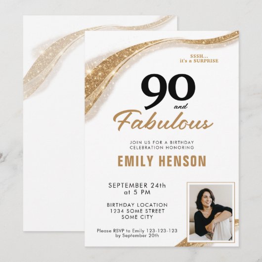Invitation 90 and Fabulous Gold 90th Birthday (Devant / Derrière)