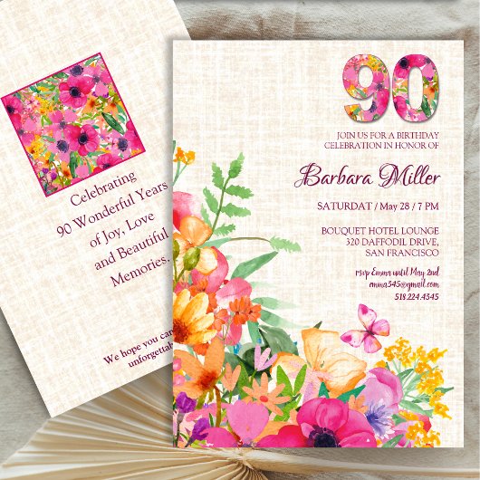 Invitation 90 ans Fleurs Grand-mère 90e anniversaire Linge