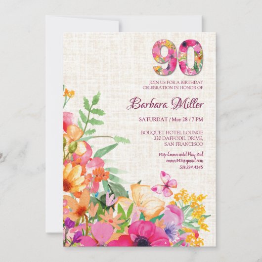 Invitation 90 ans Fleurs Grand-mère 90e anniversaire Linge (Devant)