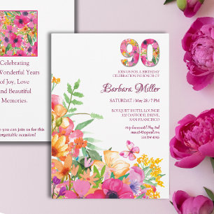 Invitation 90 Ans Fleurs Papillon Grand-mère 90e Anniversaire