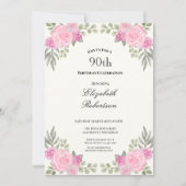Invitation 90 ans Fleurs Rose et Vert Sauge (Devant)