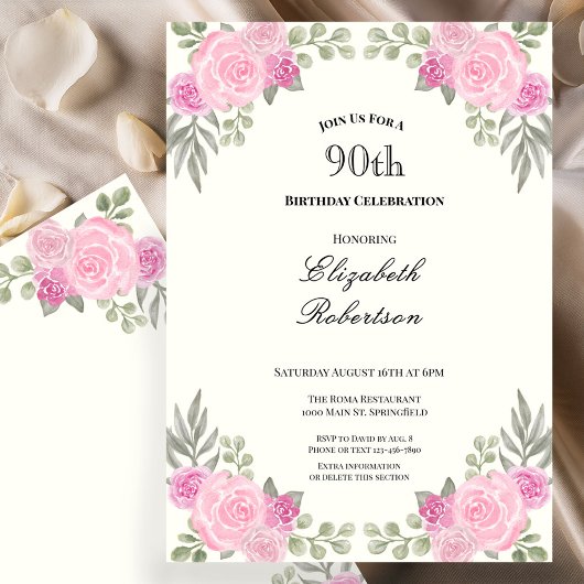 Invitation 90 ans Fleurs Rose et Vert Sauge