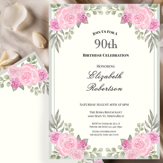 Invitation 90 ans Fleurs Rose et Vert Sauge