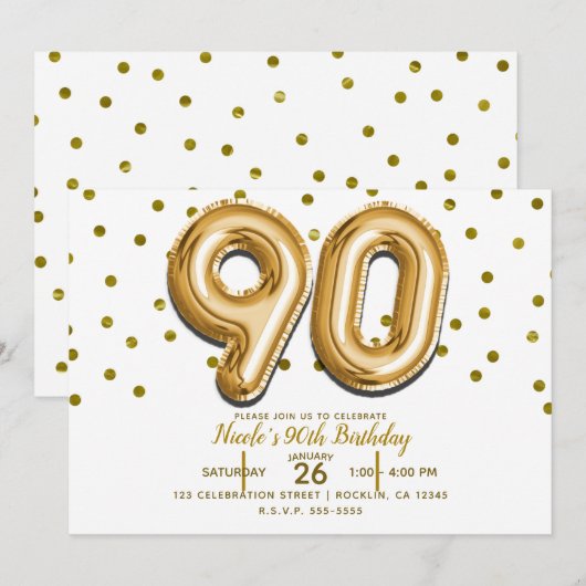 Invitation 90 Ballons Dorés et Confettis Fête d'anniversaire (Devant / Derrière)