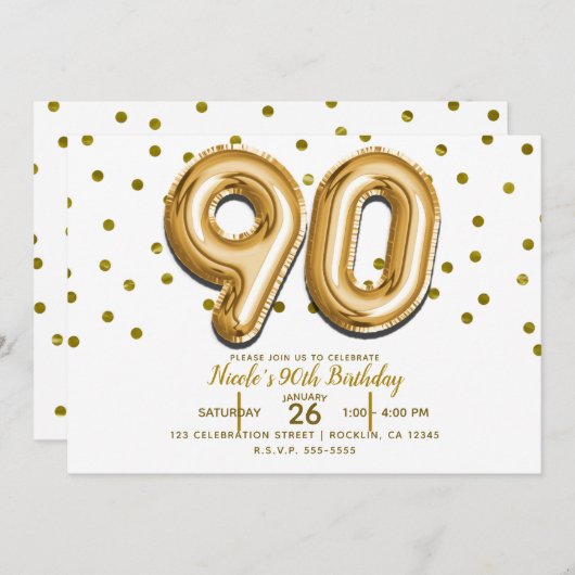 Invitation 90 Gold Balloons & Confetti 90e fête d'anniversair (Devant / Derrière)