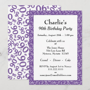Invitation 90 Motif de Nombre Aléatoire Violet/Blanc 90ème