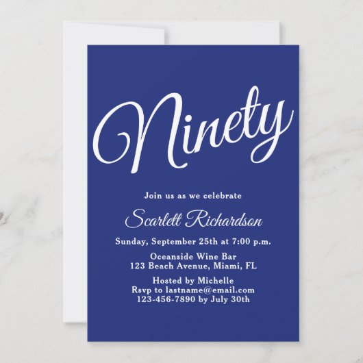 Invitation 90 Script moderne Marine Blue 90th Birthday Party (Devant)