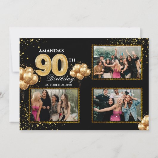Invitation 90 th Birthday Gold Silver Black Balloons (Devant)