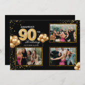Invitation 90 th Birthday Gold Silver Black Balloons (Devant / Derrière)