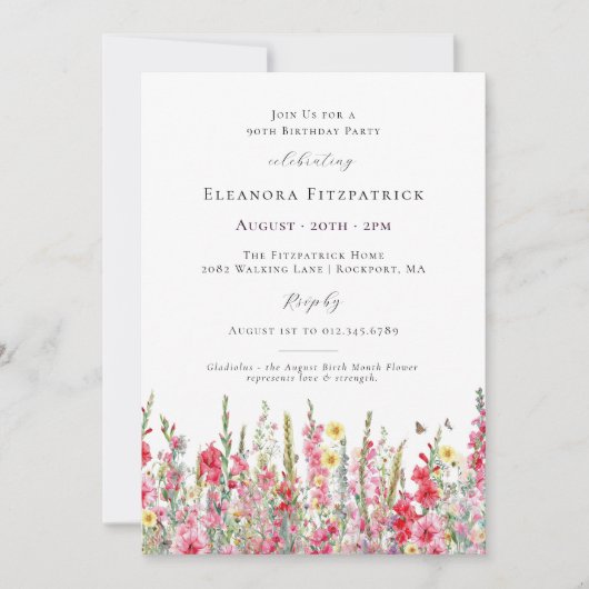 Invitation 90e anniversaire août Mois de naissance Fleur Glad (Devant)