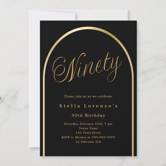 Invitation 90e anniversaire arc en or noir élégant script (Devant)