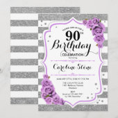 Invitation 90e anniversaire - Argent blanc rayures Roses viol (Devant / Derrière)