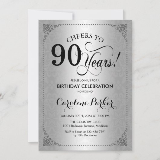 Invitation 90e anniversaire - Argent Damask (Devant)
