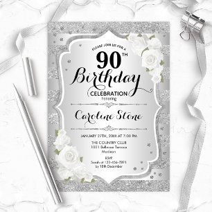 Invitation 90e anniversaire - Argent rayures Roses blanches