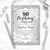Invitation 90e anniversaire - Argent rayures Roses blanches
