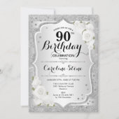 Invitation 90e anniversaire - Argent rayures Roses blanches (Devant)