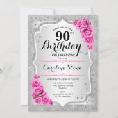 Invitation 90e anniversaire - Argent rayures roses roses rose (Devant)