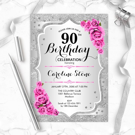 Invitation 90e anniversaire - Argent rayures roses roses rose