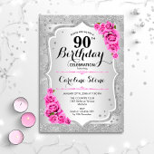 Invitation 90e anniversaire - Argent rayures roses roses rose