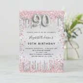 Invitation 90e anniversaire argent rose parties scintillant p (Debout devant)