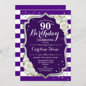 Invitation 90e anniversaire - Argent violet blanc rayures Ros (Devant / Derrière)