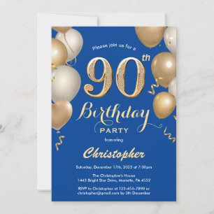 Invitation 90e anniversaire Ballons Bleus et Or Confetti