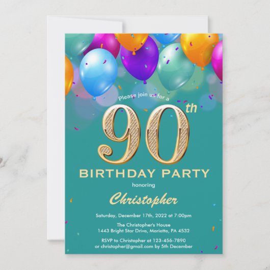 Invitation 90e anniversaire Ballons Turquoises et dorés (Devant)