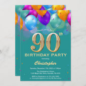 Invitation 90e anniversaire Ballons Turquoises et dorés (Devant / Derrière)