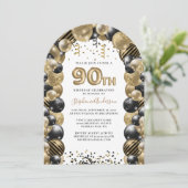Invitation 90e Anniversaire Balloon Gold Black Sparkle (Debout devant)