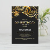 Invitation 90e anniversaire Black Gold Steampunk Watch Gears (Debout devant)