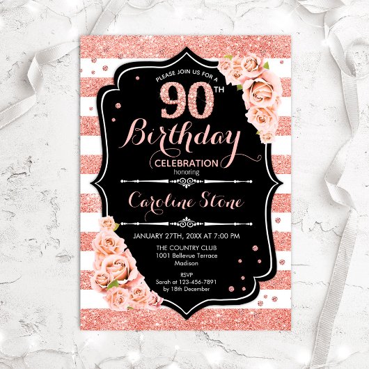 Invitation 90e anniversaire Black Rose Gold et White Stripes