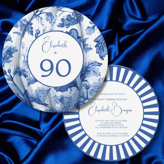 Invitation 90E Anniversaire Bleu Bande Florale