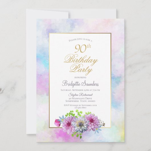 Invitation 90e anniversaire Bleu rose Floral Gold Pastel Bord (Devant)