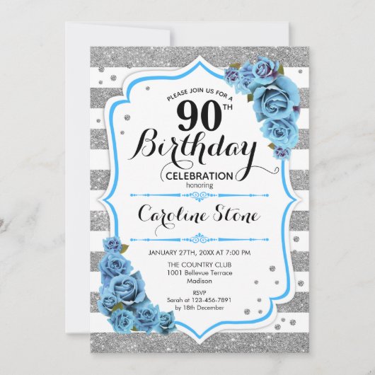Invitation 90e anniversaire - Bleu Silver White Stripes (Devant)