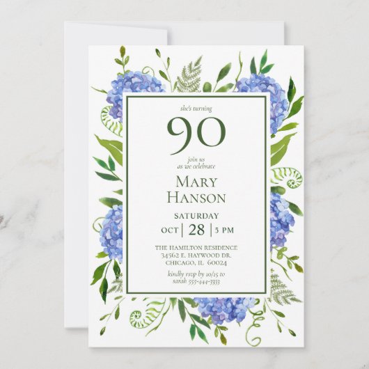 Invitation 90e anniversaire Blue Hydrangeas (Devant)