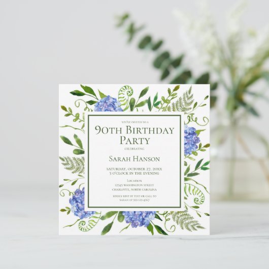 Invitation 90e anniversaire Blue Hydrangeas Floral Aquarelle (Debout devant)