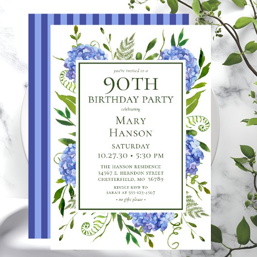 Invitation 90e anniversaire Blue Hydrangeas Floral Aquarelle