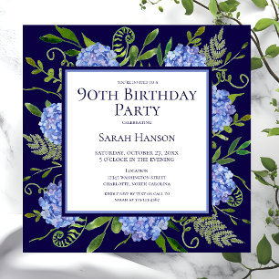 Invitation 90e anniversaire Blue Hydrangeas Floral Aquarelle