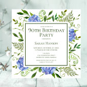 Invitation 90e anniversaire Blue Hydrangeas Floral Aquarelle
