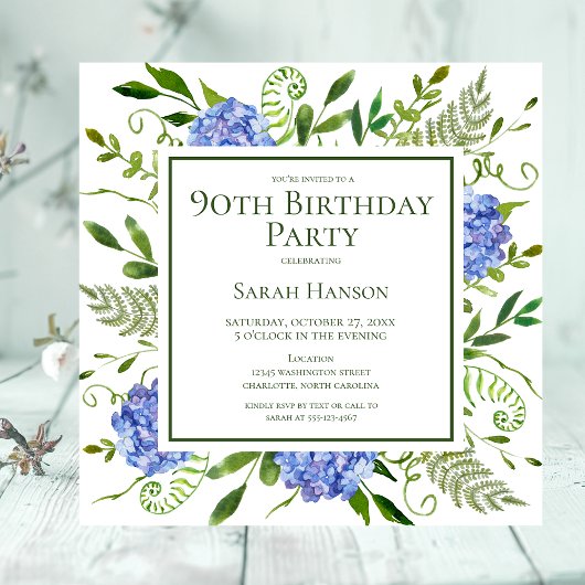 Invitation 90e anniversaire Blue Hydrangeas Floral Aquarelle