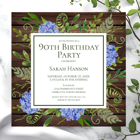 Invitation 90e anniversaire Blue Hydrangeas Floral Aquarelle